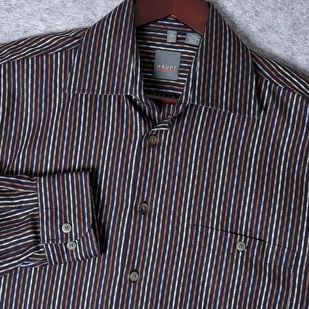 HAUPT Black Vertical Stripe Cotton Shirt Spread Collar Long Sleeve 15.5 M 39/40